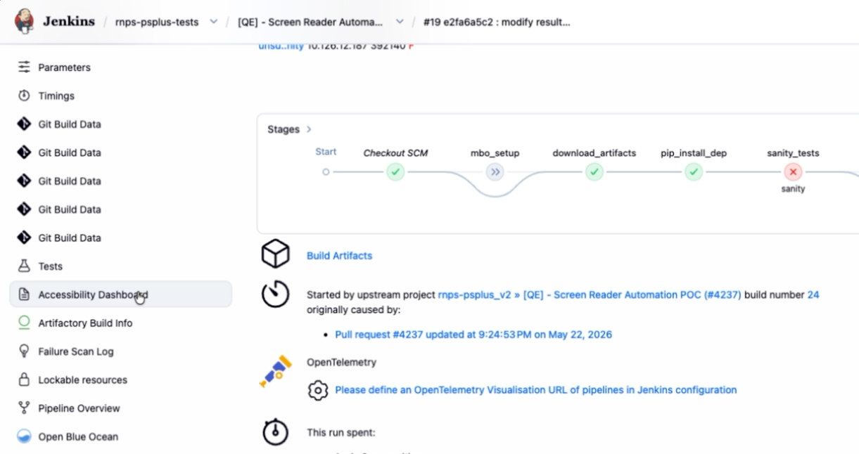 Jenkins build page exposing the generated Accessibility Dashboard as a build artifact