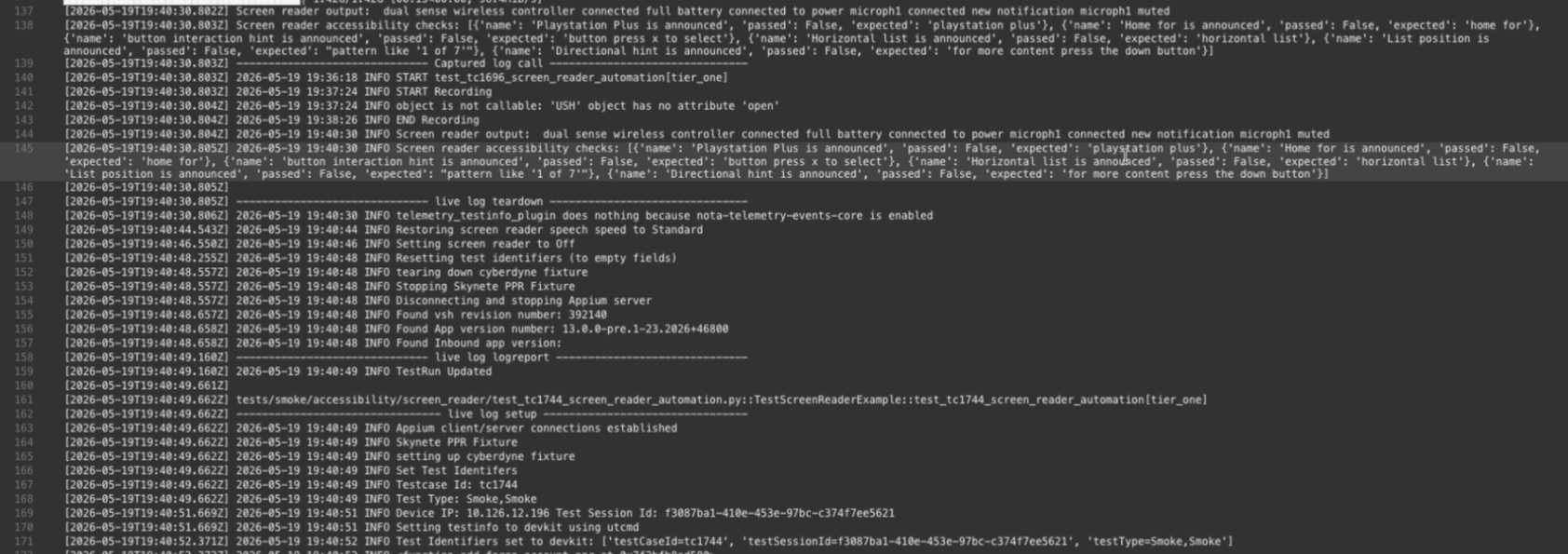 Dense raw screen-reader automation logs with test output, expected announcements, and pass or fail values mixed together