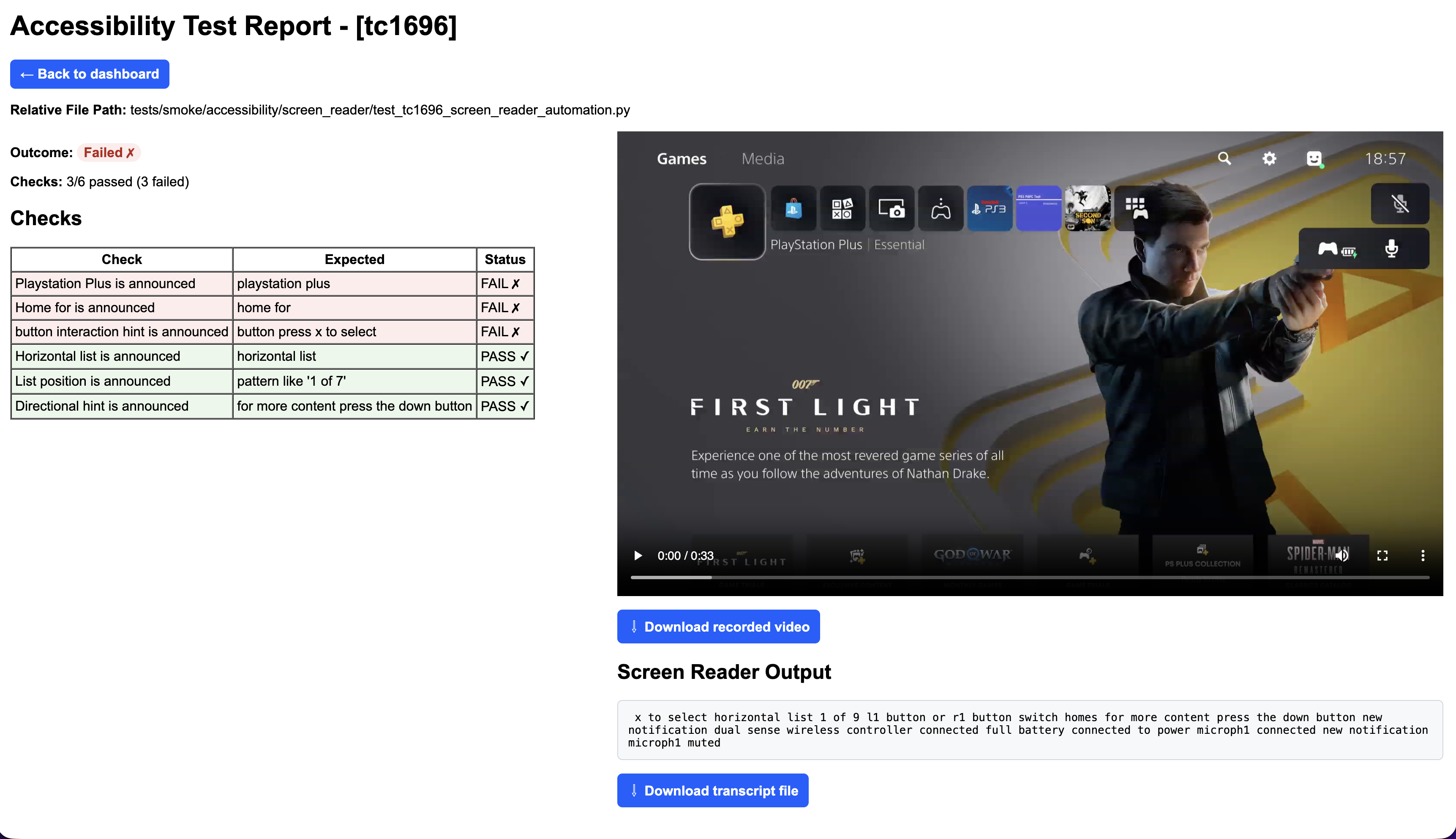 Failed screen-reader accessibility test report with expected announcements, recorded PlayStation video, and transcript output