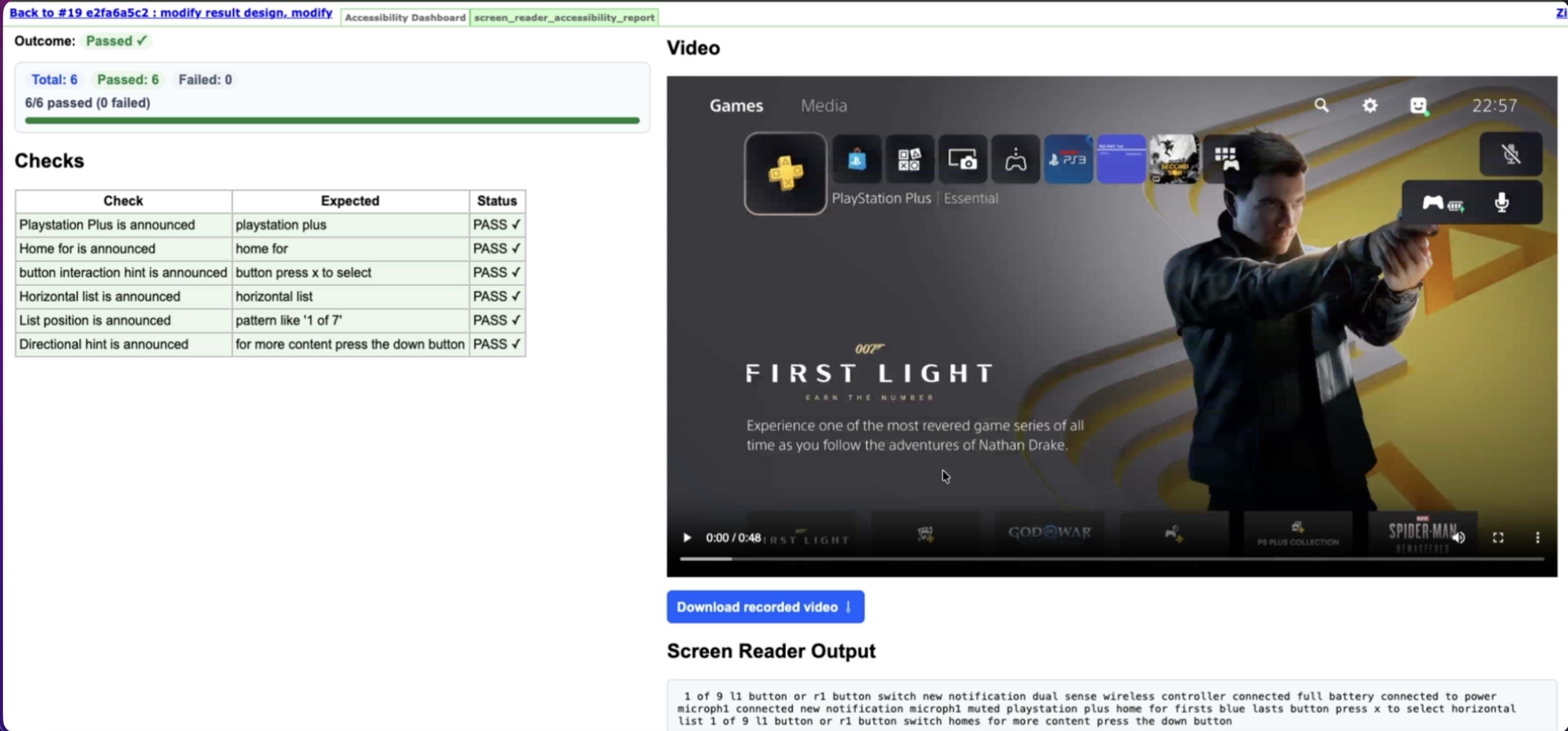 Passing screen-reader accessibility report showing six of six checks passed with video and transcript evidence
