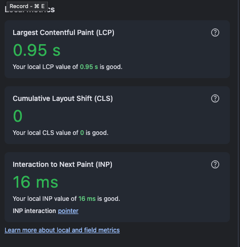 Updated local web metrics showing LCP 0.95 seconds, CLS 0, and INP 16 milliseconds