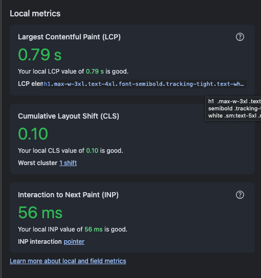 Earlier local web metrics showing LCP 0.79 seconds, CLS 0.10, and INP 56 milliseconds