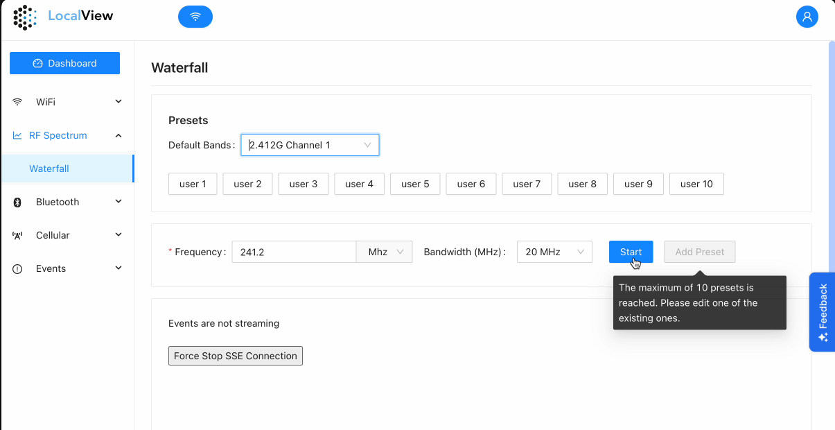LocalView SDR waterfall dashboard with frequency, bandwidth, presets, and streaming controls