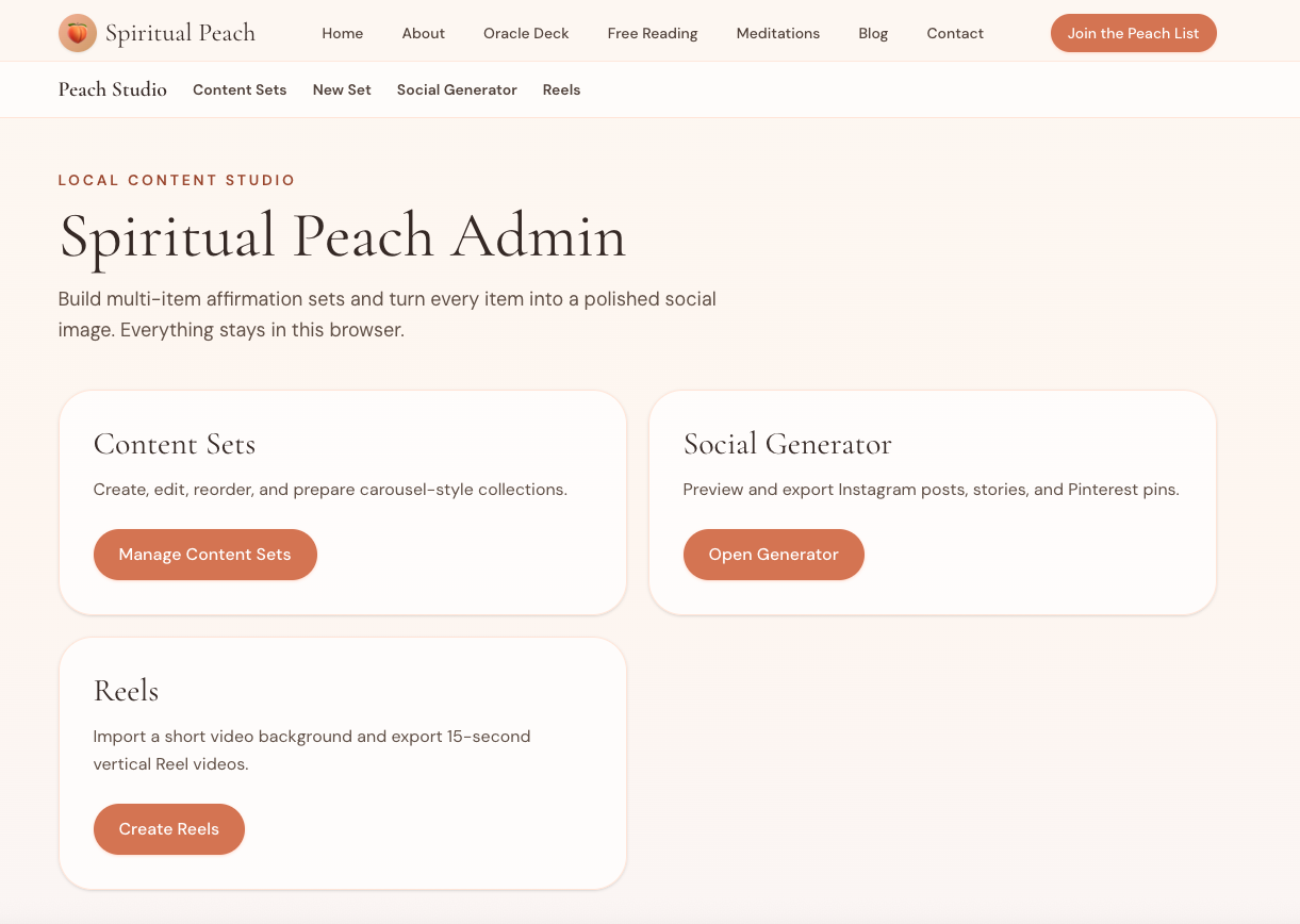 Peach Studio admin dashboard for managing content sets, social generation, and reels