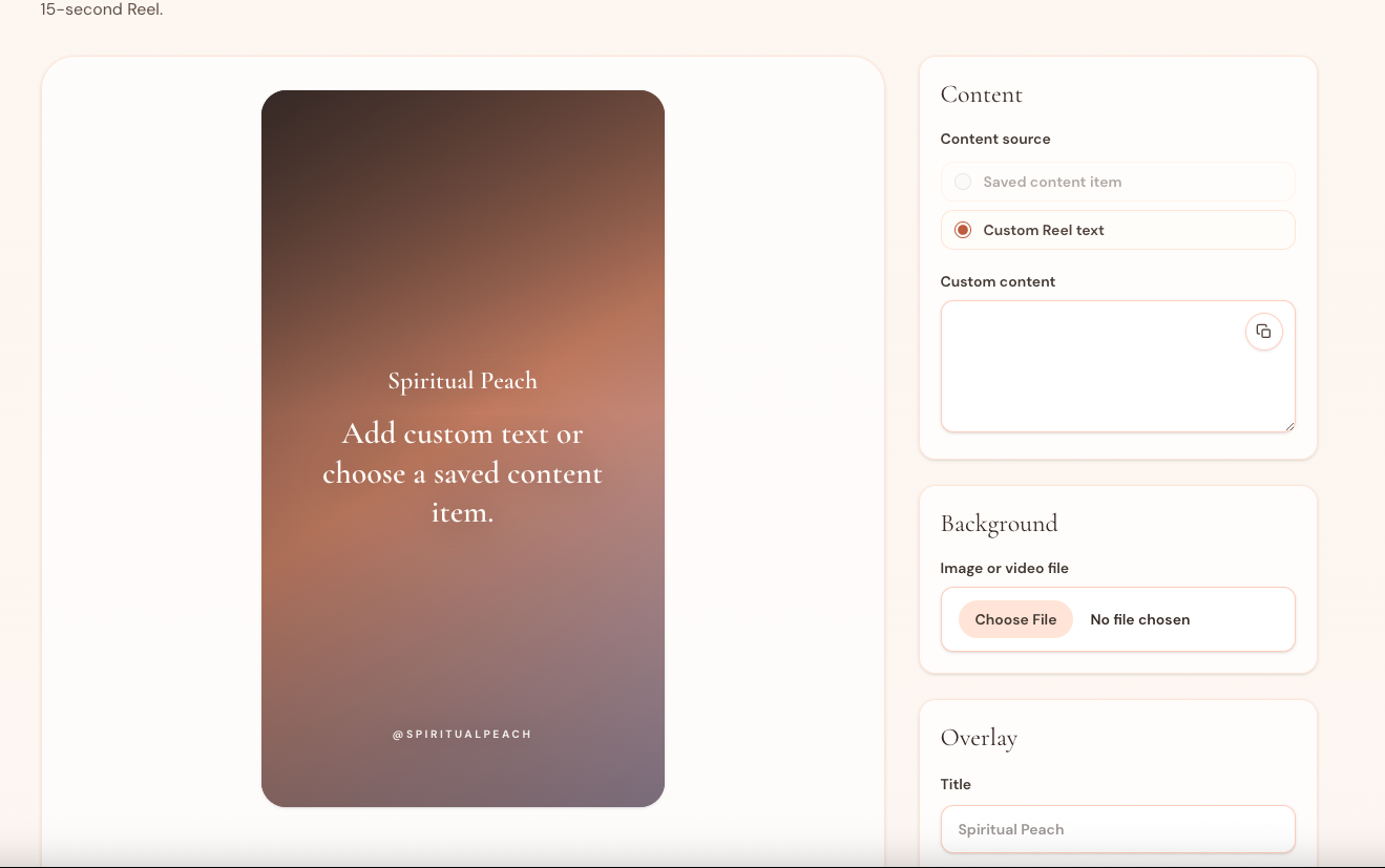 Peach Studio reel generator with content controls and a branded vertical video preview