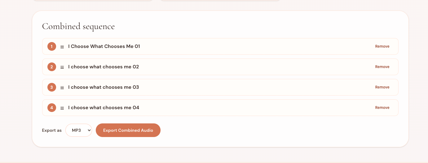 Ordered self-hypnosis recording sequence with draggable segments and MP3 export controls
