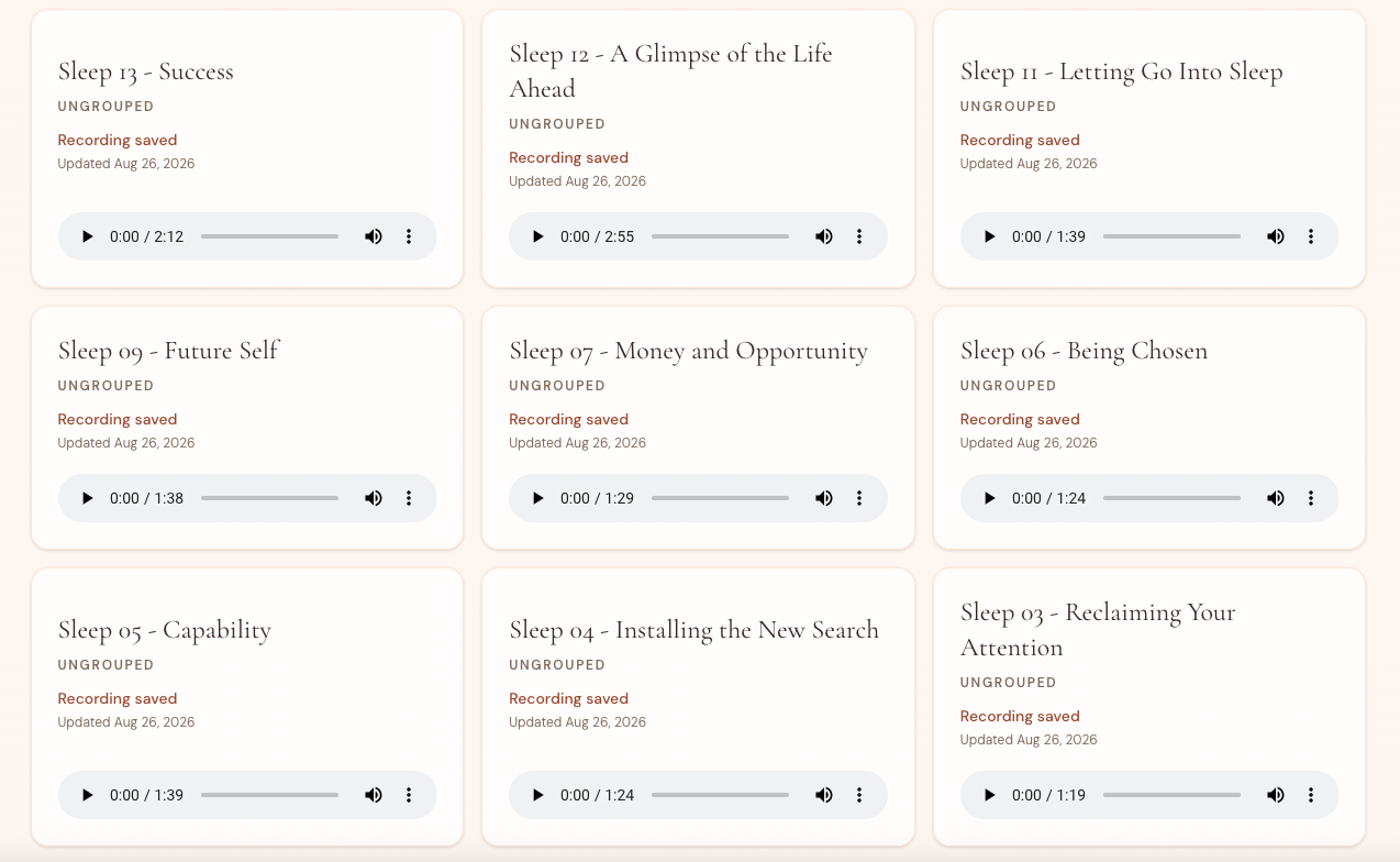 Grid of saved self-hypnosis recordings with titles, timestamps, durations, and native audio players