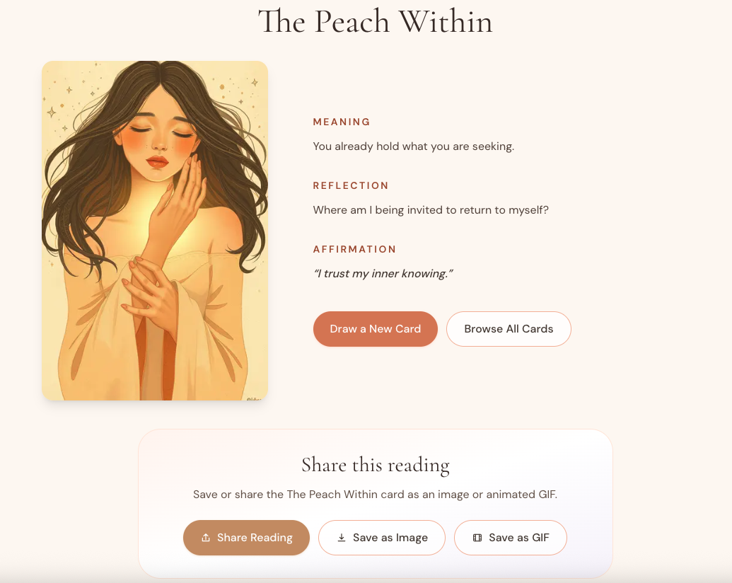 Spiritual Peach oracle reading with controls to share or export the result as an image or GIF