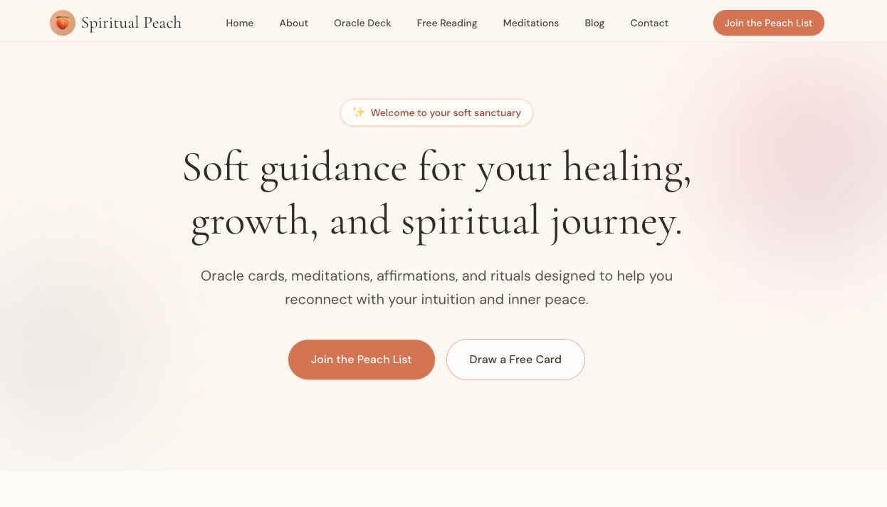 Spiritual Peach wellness platform homepage with a soft peach visual identity