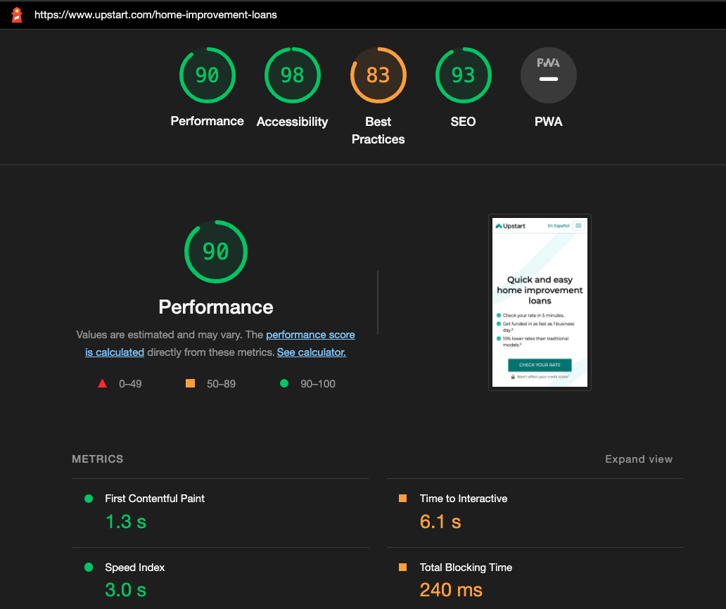 Home Improvement Loans mobile Lighthouse report after optimization