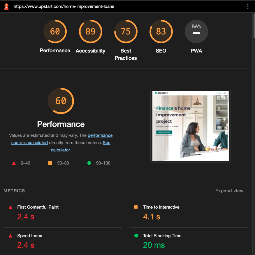 Home Improvement Loans desktop Lighthouse report before optimization