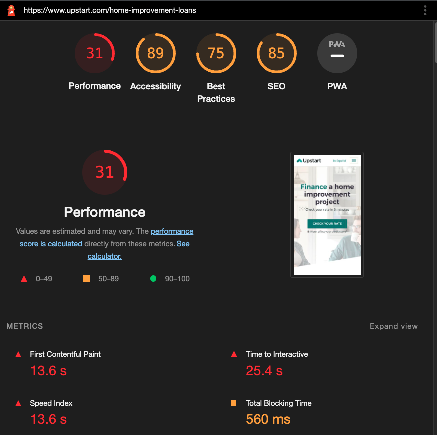 Home Improvement Loans mobile Lighthouse report before optimization
