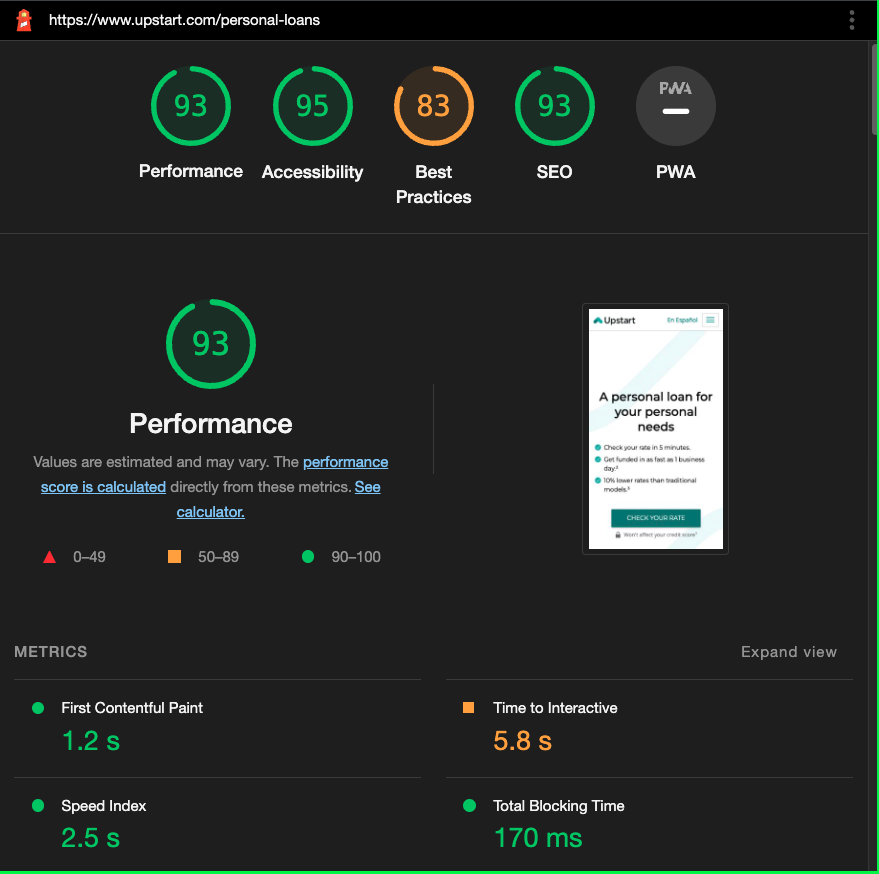 Personal Loans mobile Lighthouse report after optimization