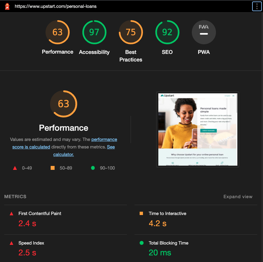 Personal Loans desktop Lighthouse report before optimization