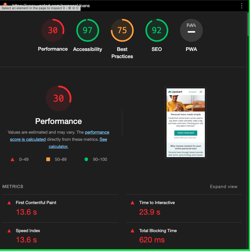 Personal Loans mobile Lighthouse report before optimization